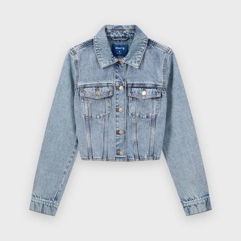 Áo Khoác Jean Nữ Croptop Cotton Denim Cao Cấp Xanh Chàm - Hack Dáng Thời Thượng Tôn Chiều Cao