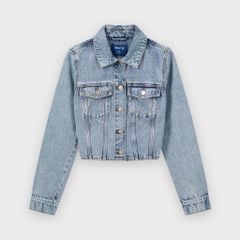 Áo Khoác Jean Nữ Croptop Cotton Denim Cao Cấp Xanh Chàm - Hack Dáng Thời Thượng Tôn Chiều Cao
