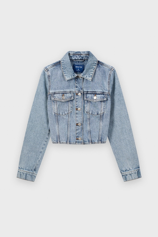 Áo Khoác Jean Nữ Croptop Cotton Denim Cao Cấp Xanh Chàm - Hack Dáng Thời Thượng Tôn Chiều Cao