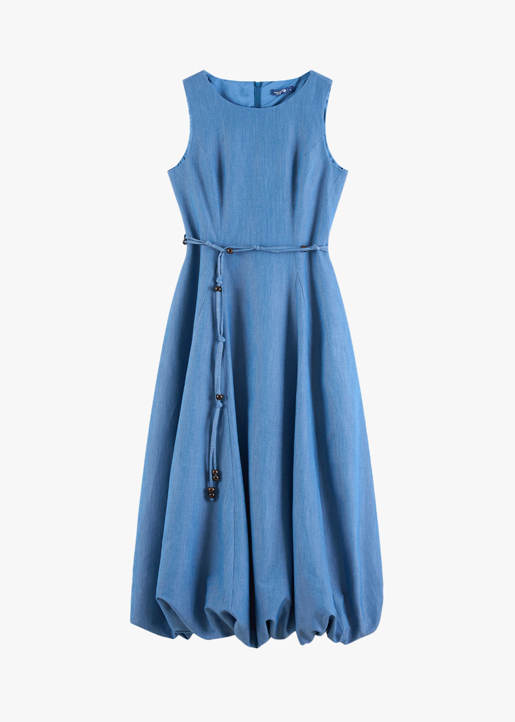 Đầm Jeans Nữ Sát Nách Dáng Xòe - Thiết Kế Váy Thắt Eo Gấu Bí