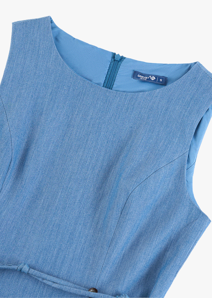 Đầm Jeans Nữ Sát Nách Dáng Xòe - Thiết Kế Váy Thắt Eo Gấu Bí