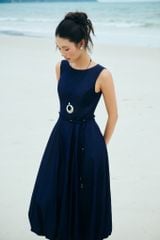 Đầm Jeans Nữ Sát Nách Dáng Xòe - Thiết Kế Váy Thắt Eo Gấu Bí