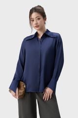 Áo Sơ Mi Lụa Nữ Tay Dài Xanh Navy - Cổ Bản To Sang Trọng