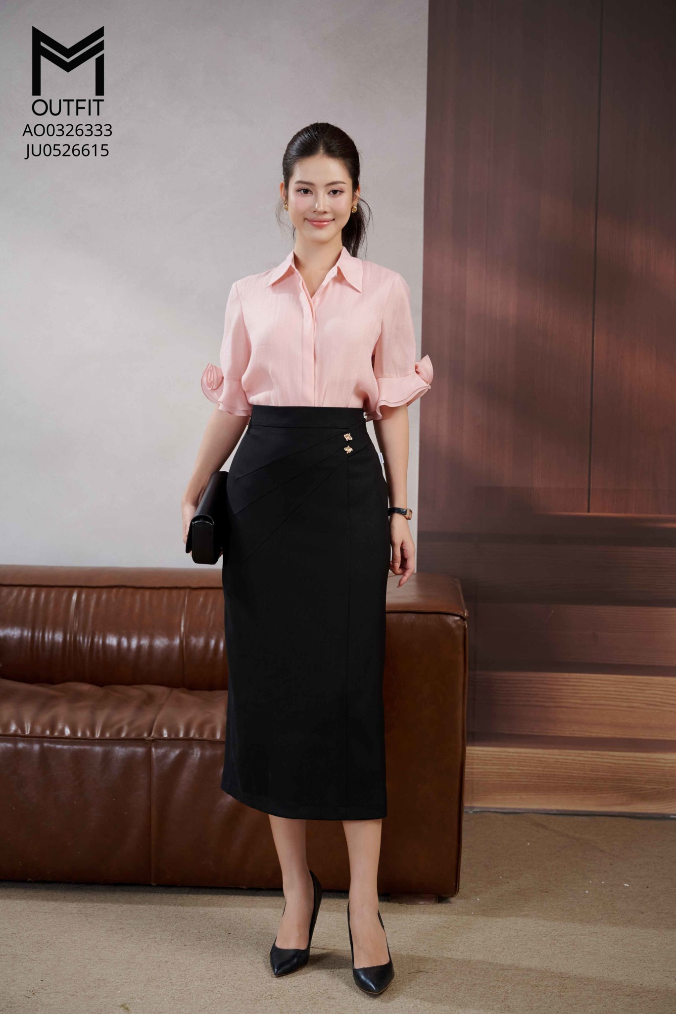 Chân váy bút chì thẳng bấu ly đính cúc trang trí