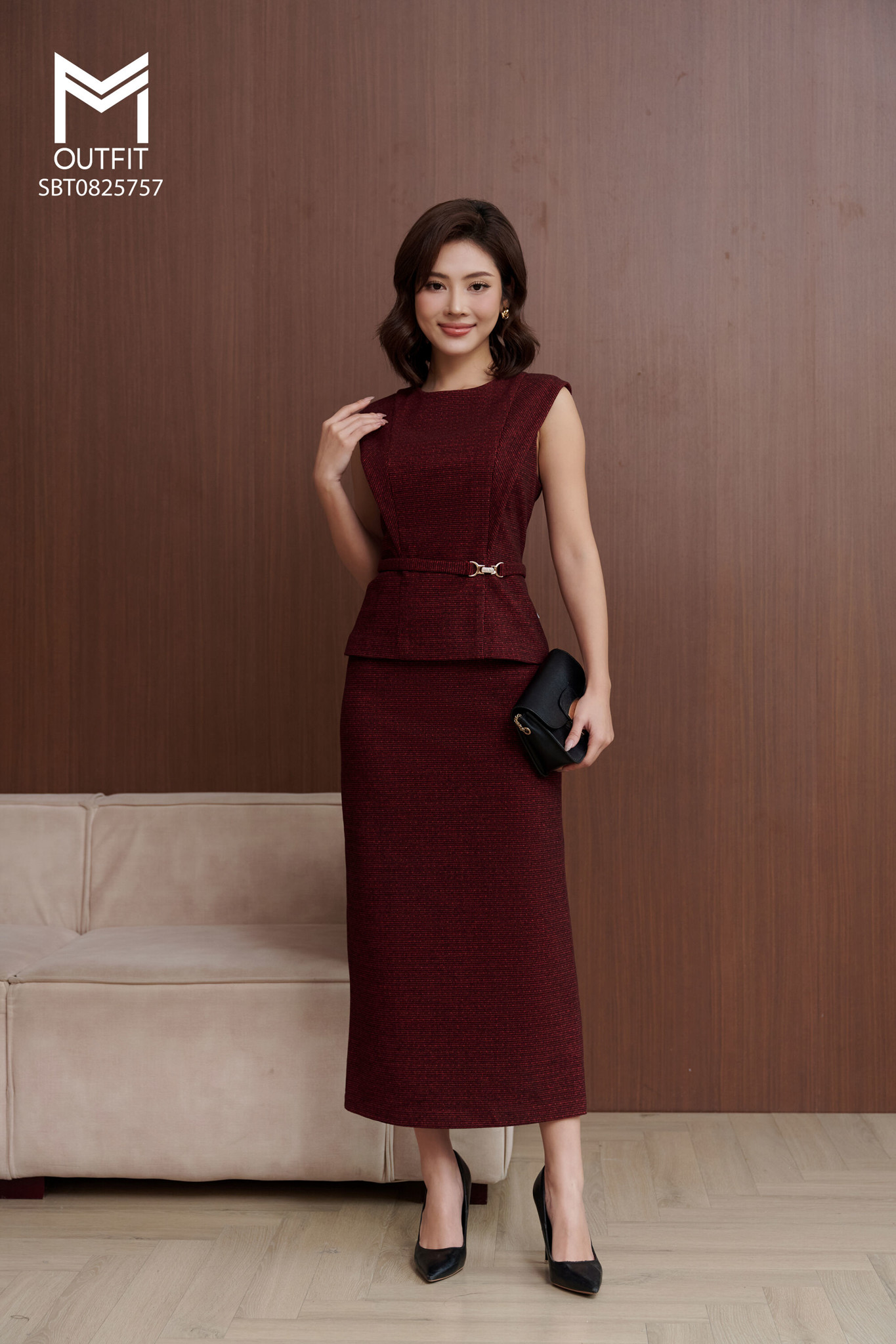 Set bộ áo sát nách đính đai trang trí mix chân váy bút chì thẳng