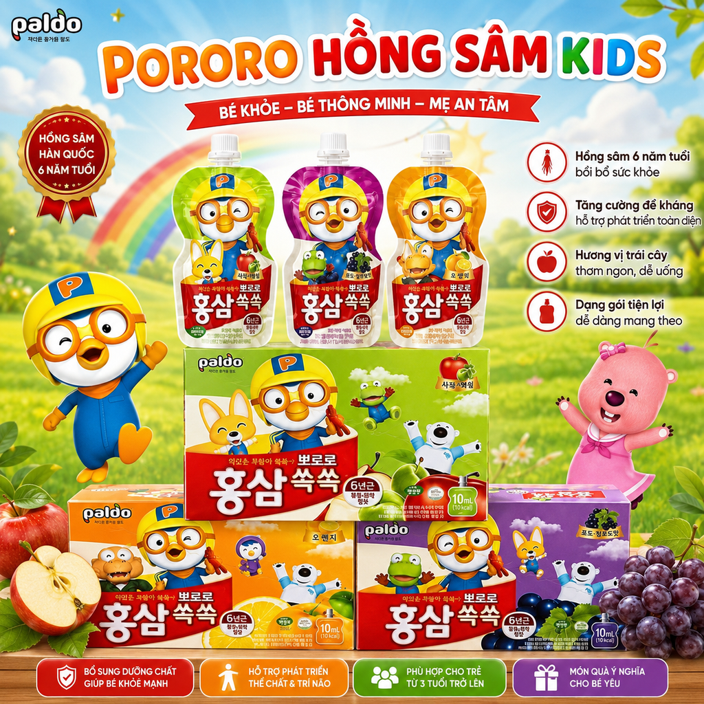 Nước Hồng Sâm Trẻ Em Pororo Paldo Hàn Quốc - Thùng 10 Gói