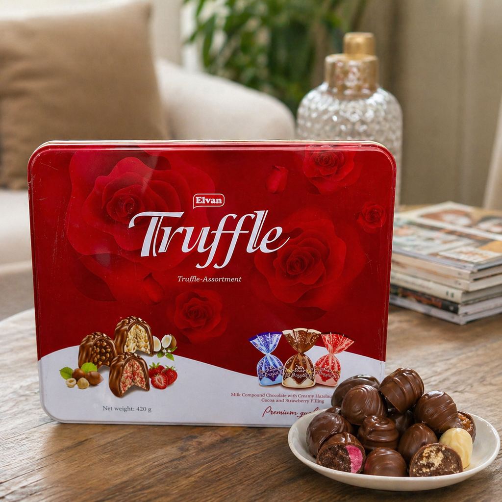 Socola Trái Cây Nhân Cốm Giòn Elvan Truffle Hộp Thiếc Cao Cấp - 420G