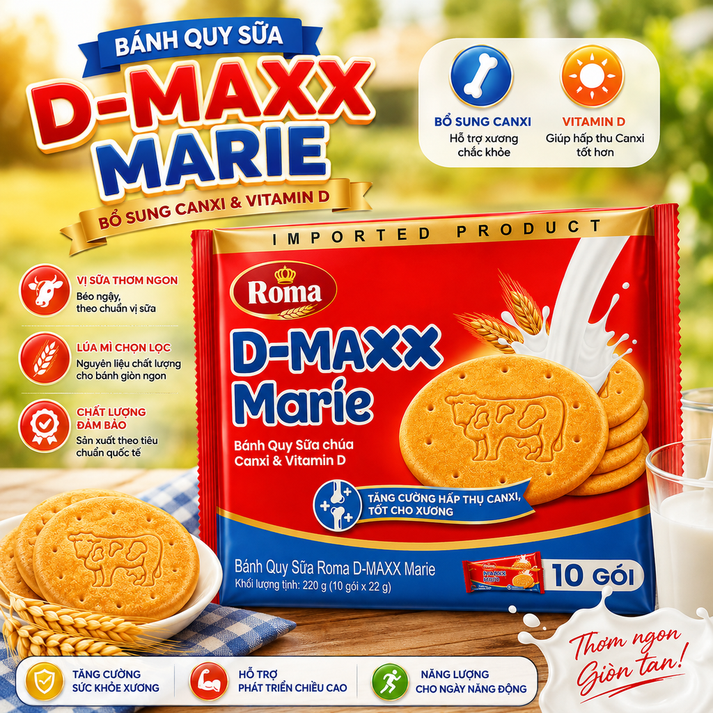 Bánh Quy Sữa Roma DMaxx Marie - 220g (22g x 10 gói)