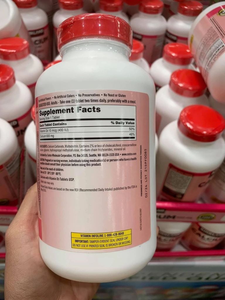 Viên Uống Calcium 600mg + D3 Kirkland - Hộp 500 Viên