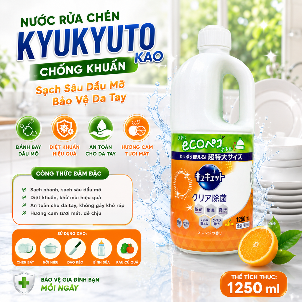 Nước Rửa Chén Kyukyuto Kao Chống Khuẩn - 1250ml