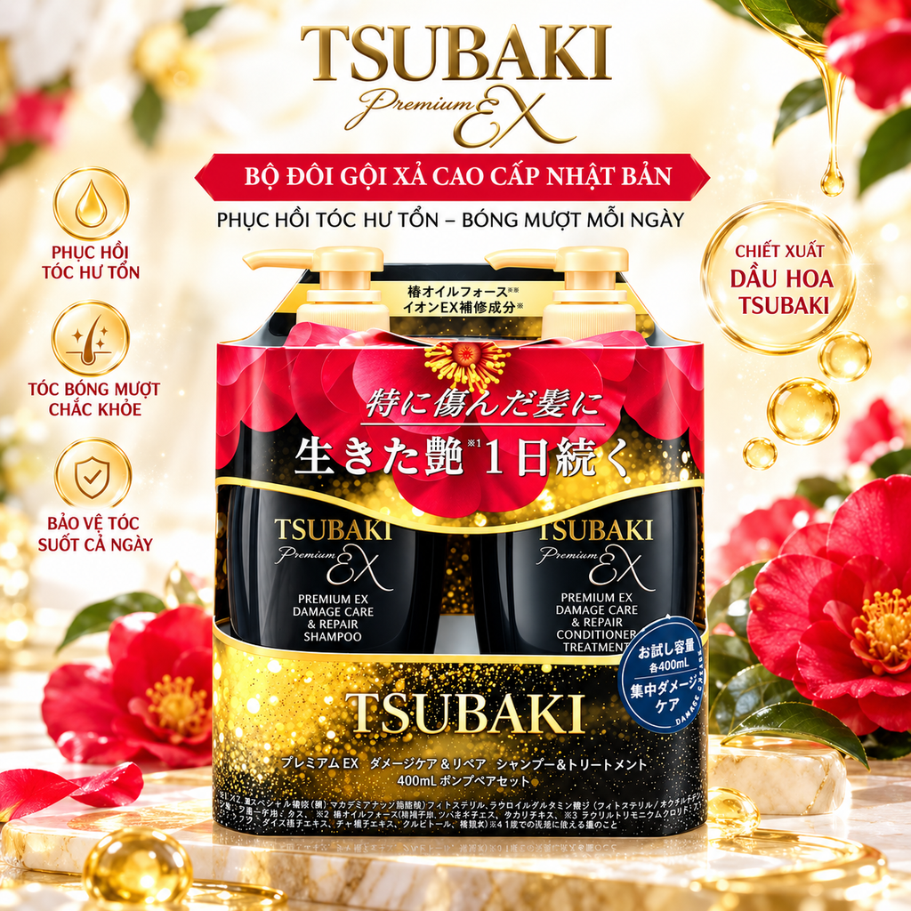 Bộ Gội Xả Phục Hồi Chuyên Sâu Tsubaki Premium Hương Hoa Trà - 450ml x 2 chai