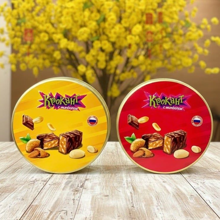 Kẹo Socola Hộp Thiếc Tròn Đậu Phộng Hạnh Nhân Krokaht Nga – 180g
