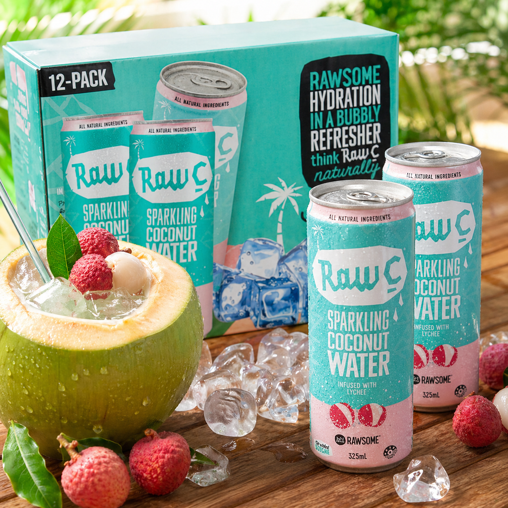 Nước Dừa Có Gas Hương Vải Raw C - Thùng 12 Lon x 325ML