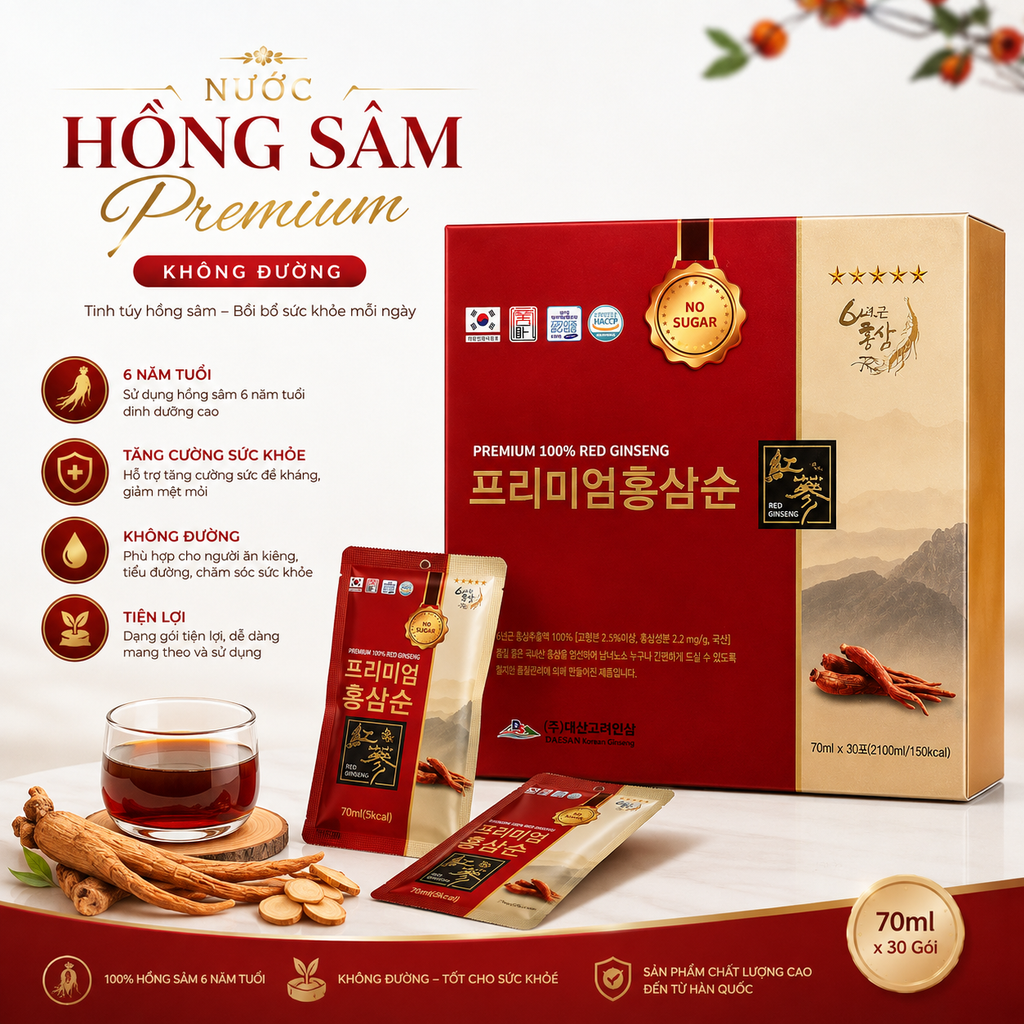 Nước Hồng Sâm Premium Không Đường - 70ml x 30 Gói