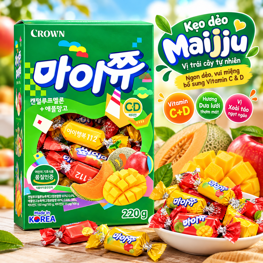 Kẹo Dẻo Crown Hàn Quốc Vị Dưa Lưới Táo Xoài - Hộp 220g