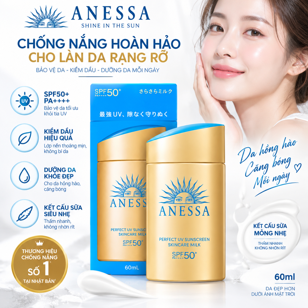 Kem Chống Nắng Dạng Sữa Anessa Perfect UV Sunscreen Skincare Kiềm Dầu SPF50+ - 60ml