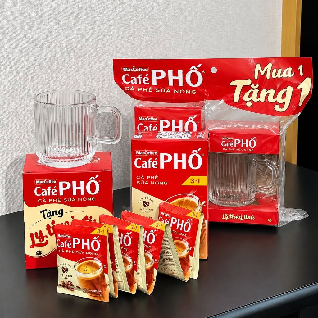 Cà Phê Sữa Phố 3 In 1 - 10 Gói x 16g - Tặng Kèm 1 Ly Thủy Tinh