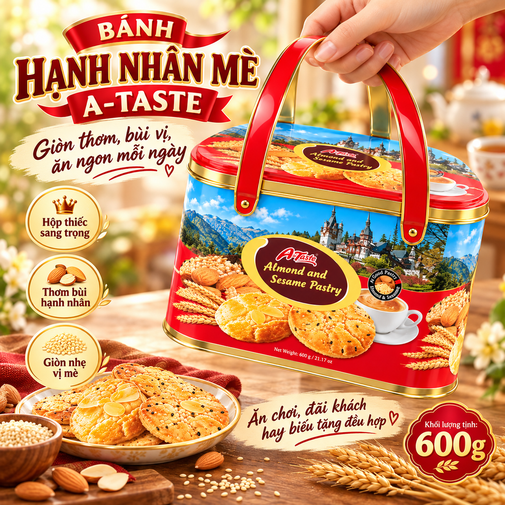 Bánh Quy Hạnh Nhân A-Taste Almond & Sesame Pastry - Hộp Thiếc 600g