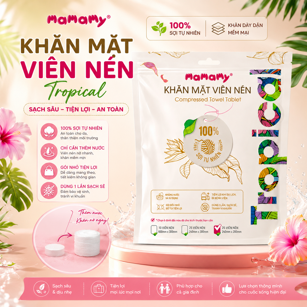 Khăn Mặt Viên Nén Mamamy Tropical - 25 Viên 240 x 200mm