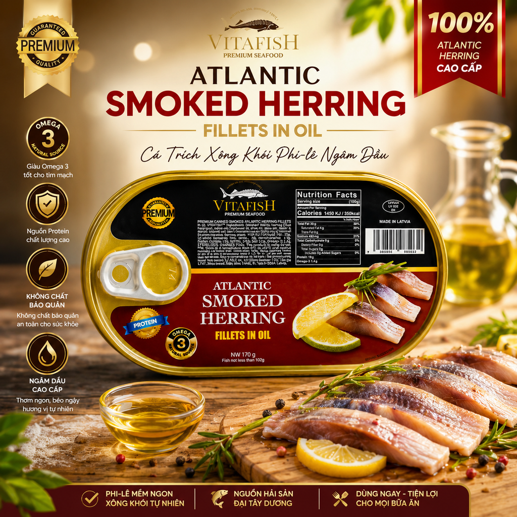 Phi Lê Cá Trích Đại Tây Dương Hun Khói Ngâm Dầu Vitafish Premium - 170g