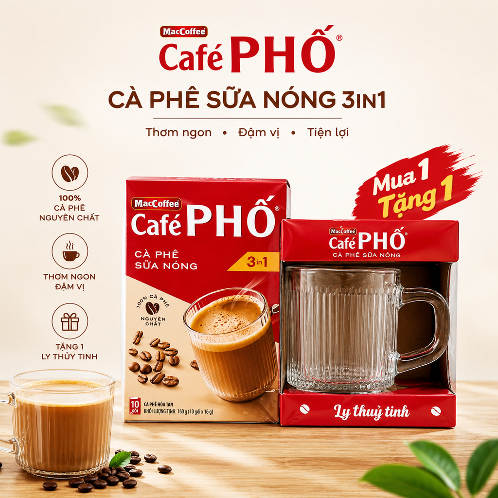 Cà Phê Sữa Phố 3 In 1 - 10 Gói x 16g - Tặng Kèm 1 Ly Thủy Tinh