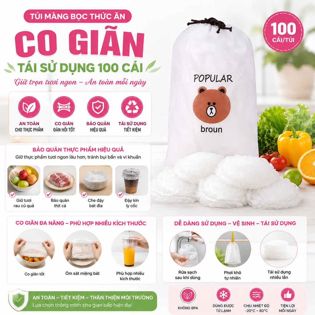 Túi Màng Bọc Thức Ăn Co Giãn Tái Sử Dụng 100 Cái
