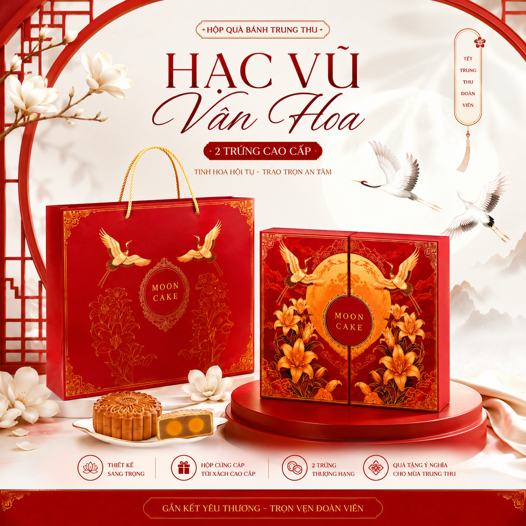 Hộp Quà Bánh Trung Thu 2 Trứng Cao Cấp Hạc Vũ Vân Hoa - 4 Bánh