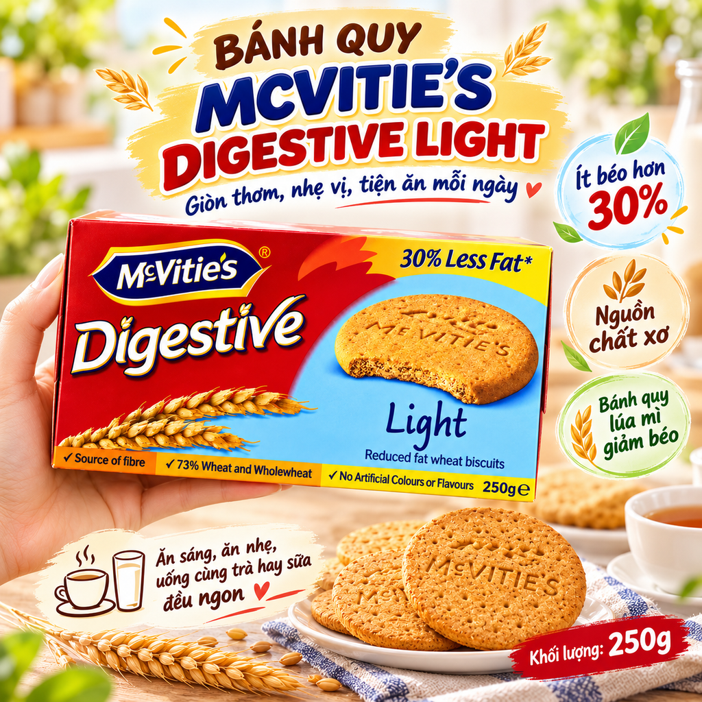 Bánh Quy Lúa Mì Nguyên Cám Ít Béo McVitie's Digestive Light - Hộp 250g