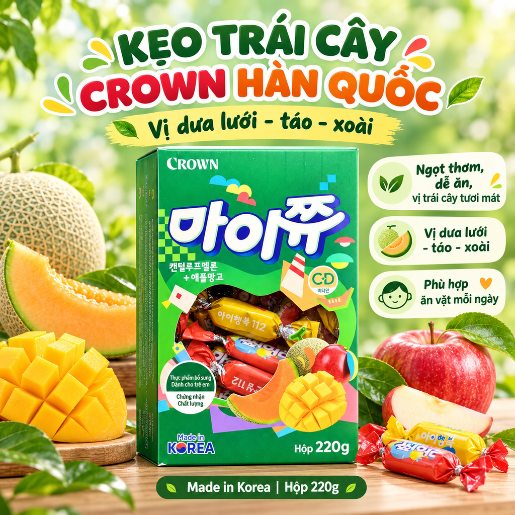 Kẹo Dẻo Crown Hàn Quốc Vị Dưa Lưới Táo Xoài - Hộp 220g