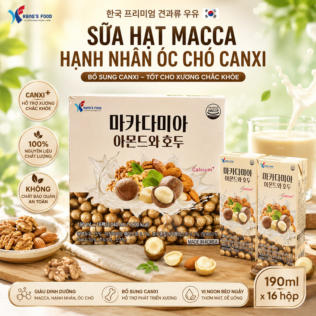 Sữa Hạt Macca Hạnh Nhân Óc Chó Canxi Hàn Quốc 190ml x 16 Hộp