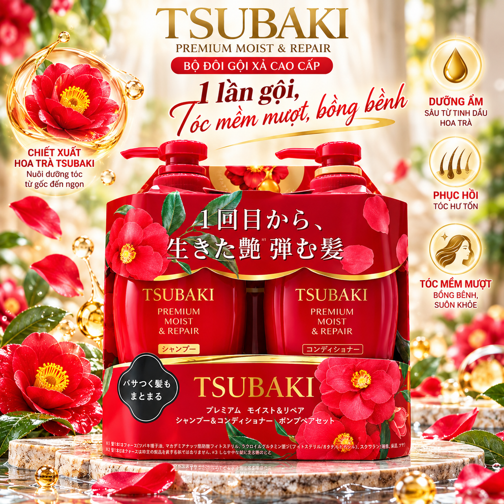 Bộ Gội Xả Tsubaki Premium Phục Hồi & Cấp Ẩm Tóc Khô Xơ - 450ml X 2 Chai