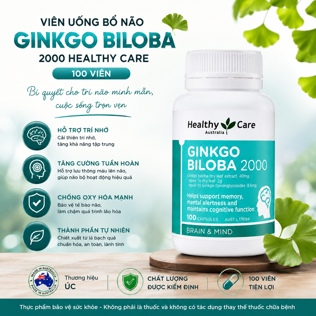 Viên Uống Bổ Não Ginkgo Biloba Healthy Care - 100 Viên