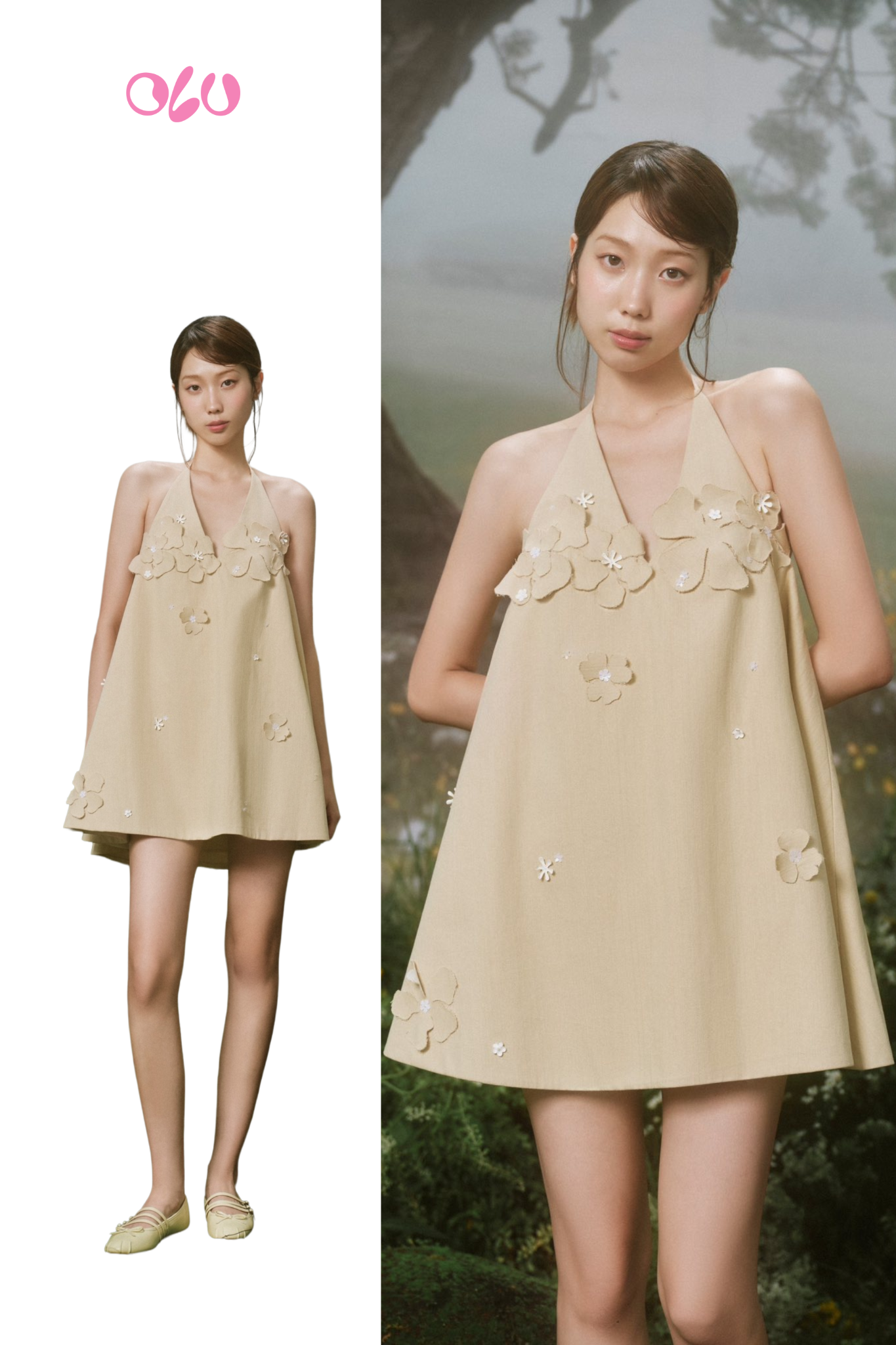 Beige Fleur Halter Mini Dress