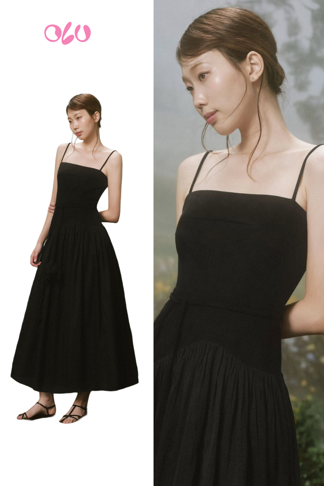 Black Strappy Pleated Belted Maxi Dress
