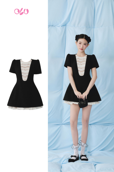  Black A Line White Layered Mini Dress 