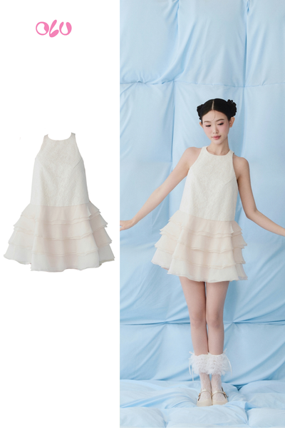 Ivory Chiffon Halter Neck Layered Mini Dress 