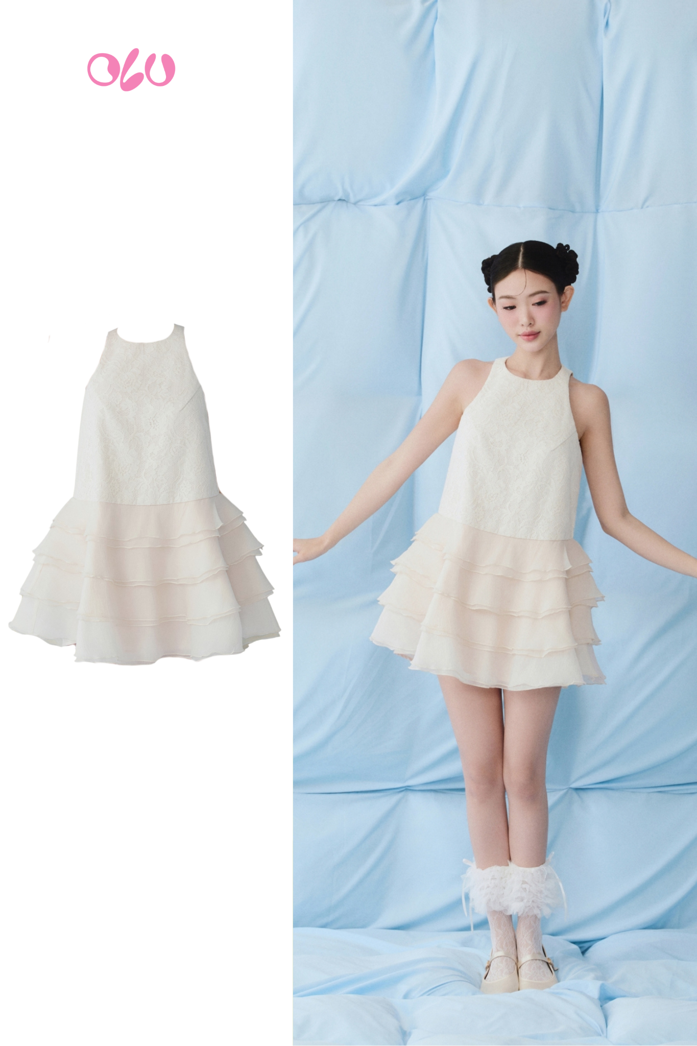 Ivory Chiffon Halter Neck Layered Mini Dress