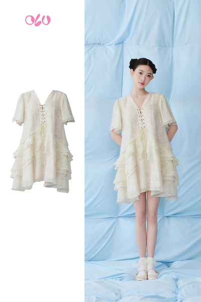  Cream Chiffon Layered Laced Up Loose Dress 