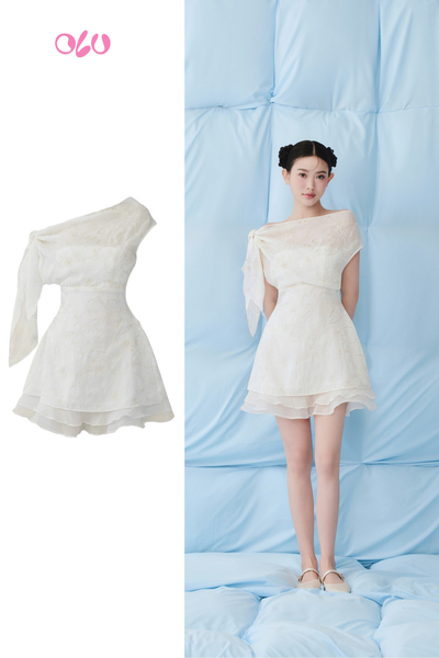  Ivory Chiffon One Shoulder Layered Mini Dress 