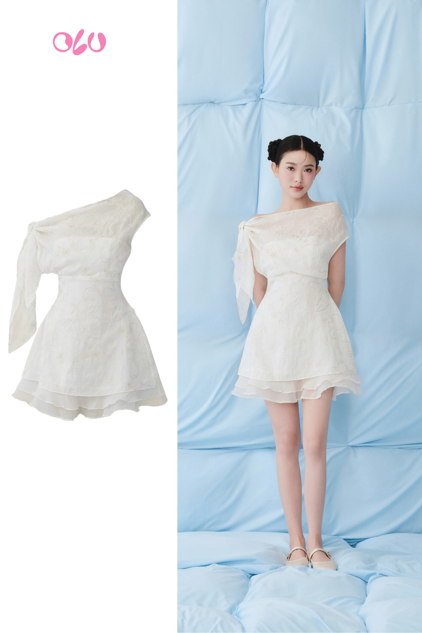 Ivory Chiffon One Shoulder Layered Mini Dress