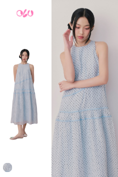 Blue Chiffon Dot Halter Neck Dress