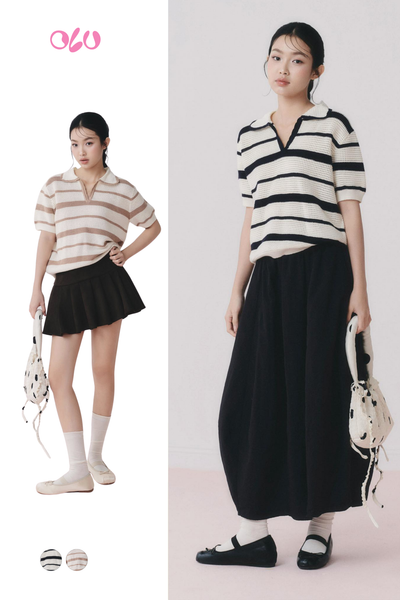  Áo Striped Knit Polo Loose Top nhiều màu 