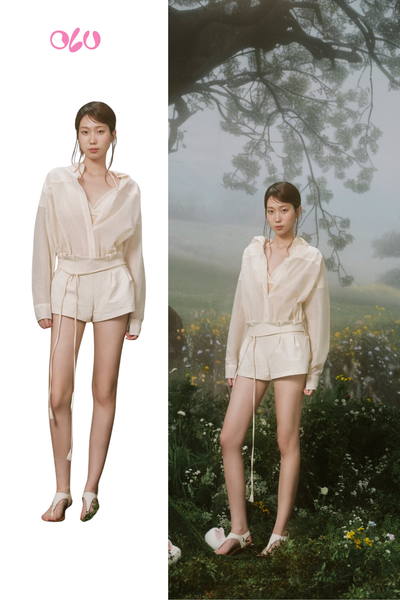  Cream Double Layered Belted Set 