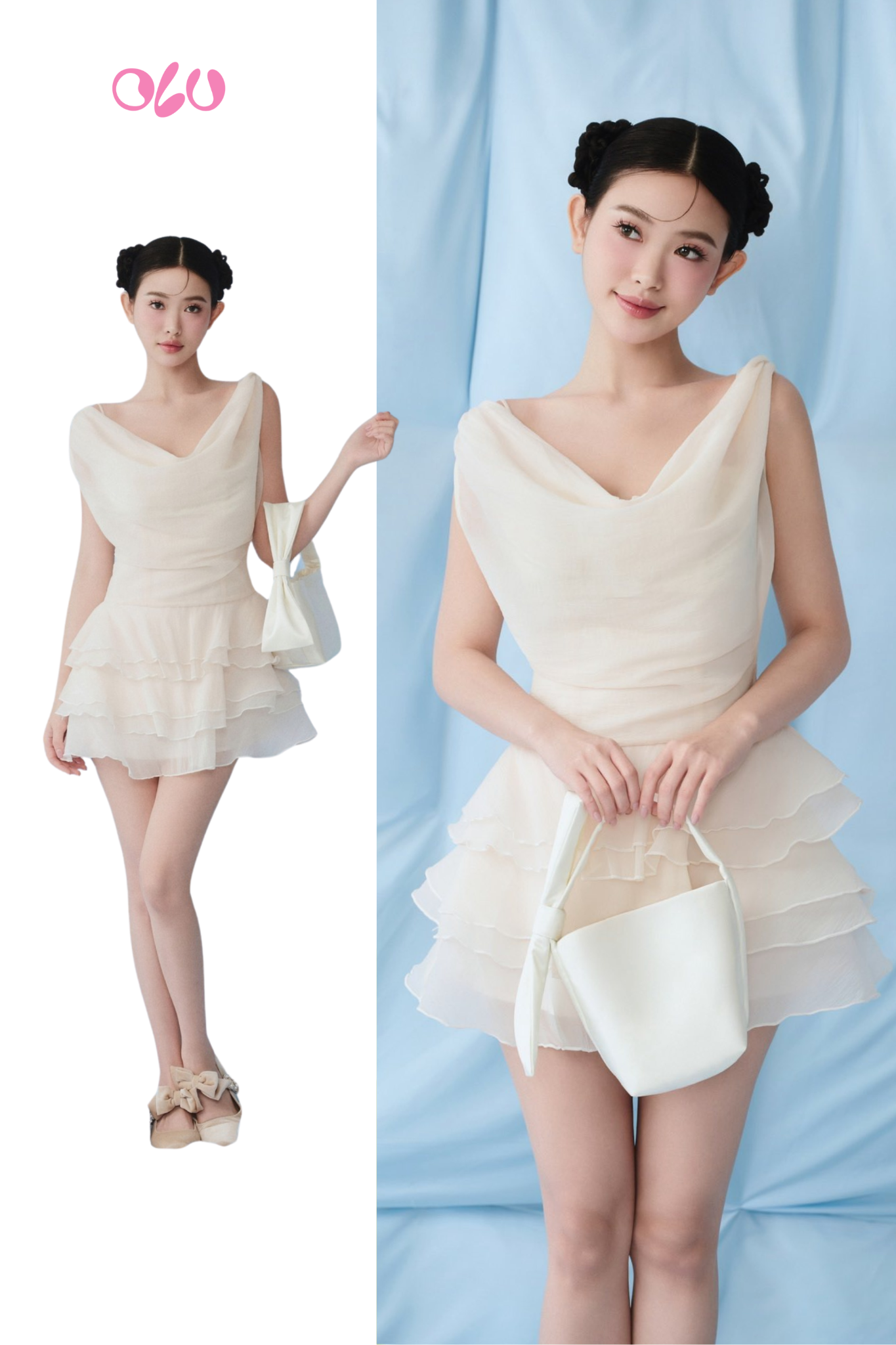 Ivory Chiffon Cowl Ruffled Mini Dress