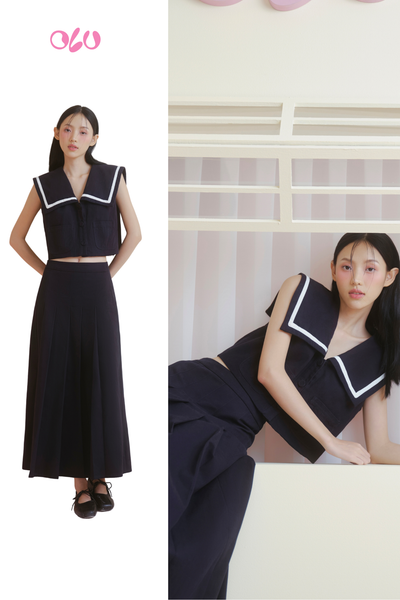  Chân váy Navy Pleated A Line Midi Skirt 