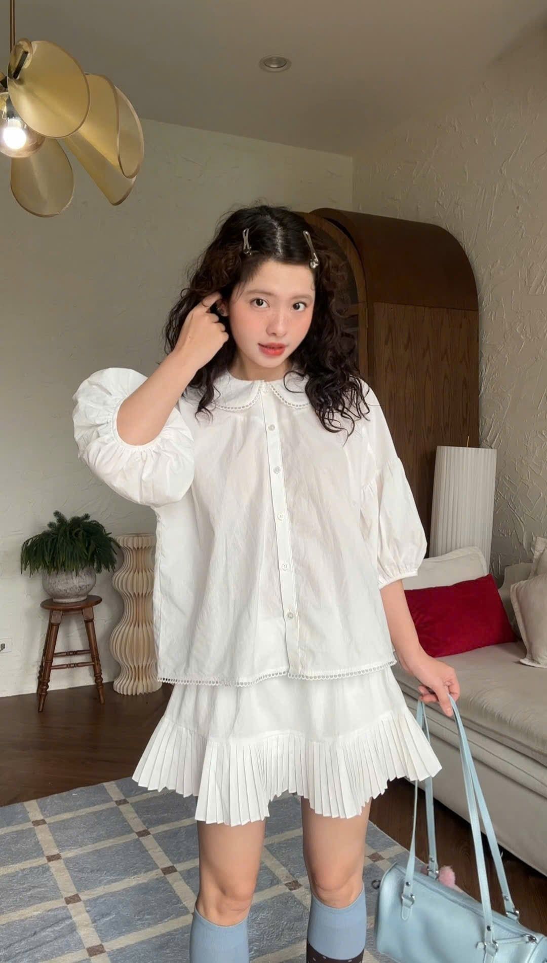Set áo babydoll và chân váy Striped Ruffled Puff Sleeve Set nhiều màu