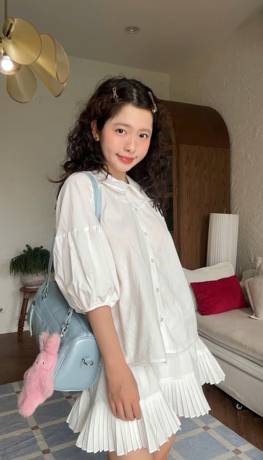 Set áo babydoll và chân váy Striped Ruffled Puff Sleeve Set nhiều màu