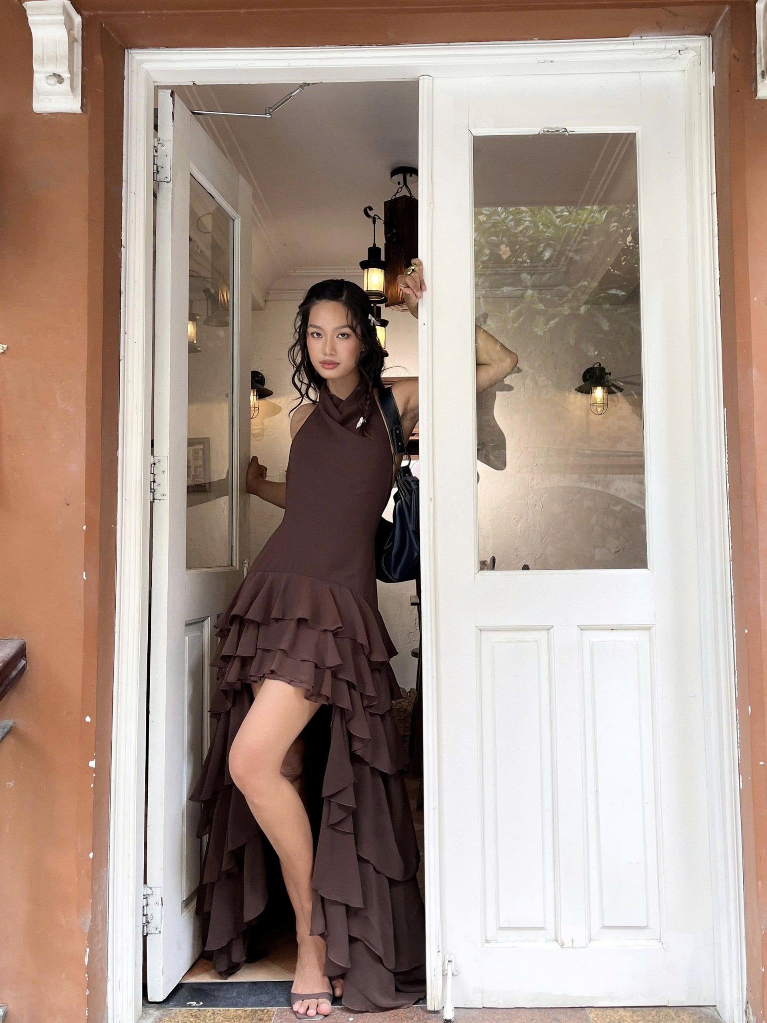 Váy maxi dáng yếm Brown Sheer Ruffle High Low Maxi Dress
