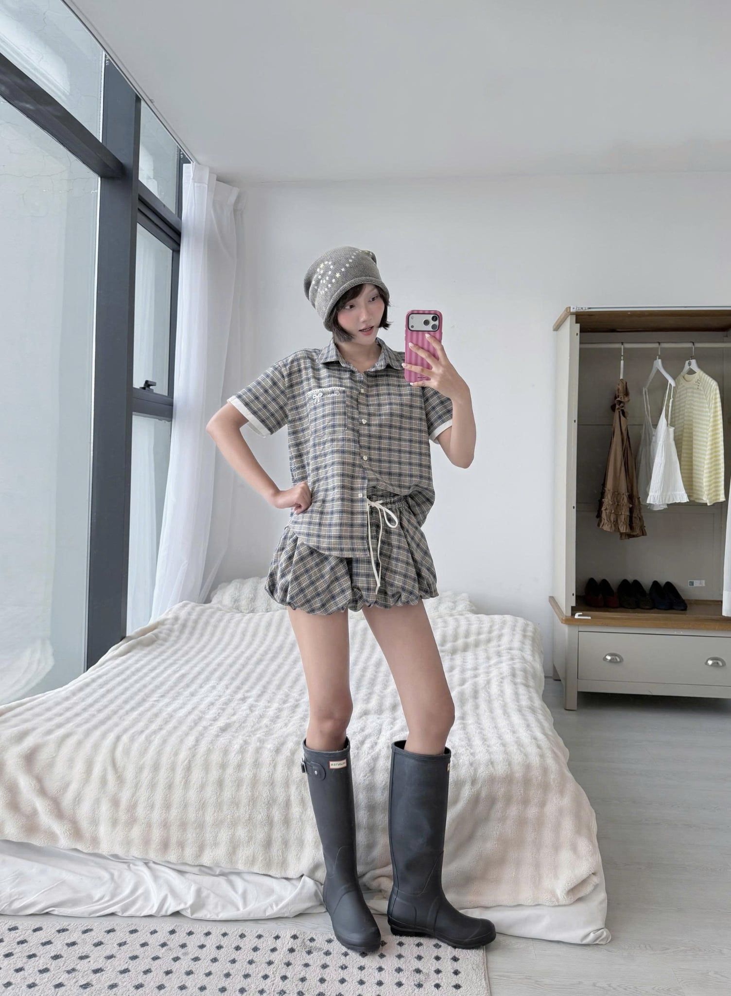 Set sơ mi caro ngắn Gray Checked Buttoned Loose