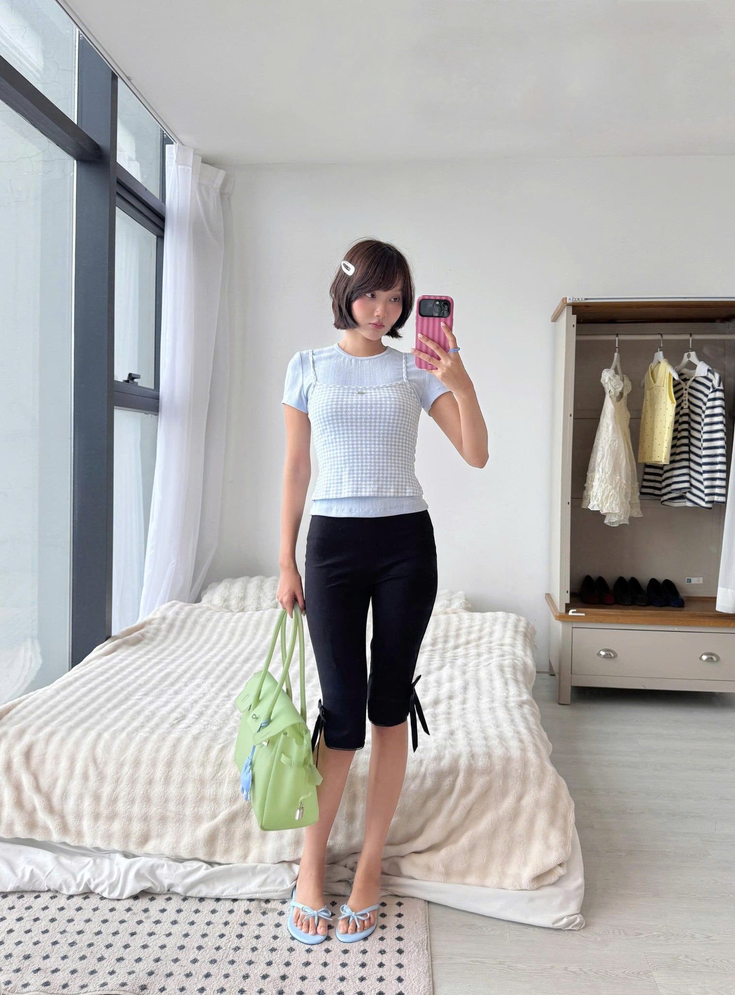 Áo hai dây sọc Blue Cotton Plaid Cami Top
